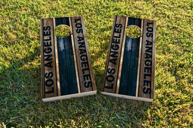 Woodslat Worn Los Angeles 2 Football Themed Custom Cornhole Board Design