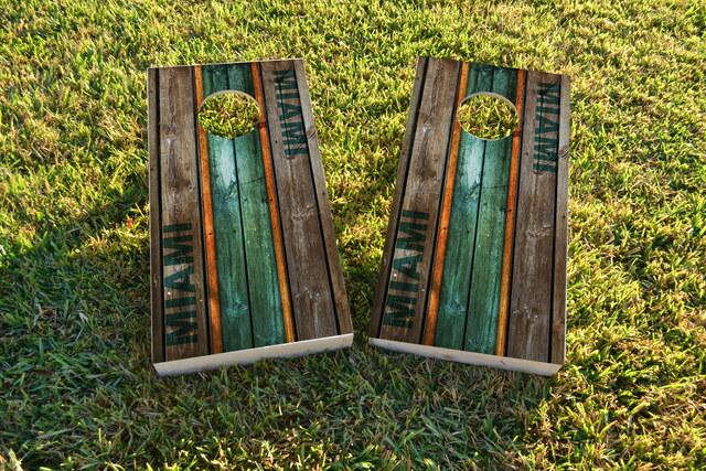 Woodslat Worn Miami Football Themed Custom Cornhole Board Design