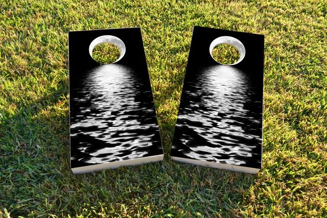 Full Moon Over The Water Themed Custom Cornhole Board Design