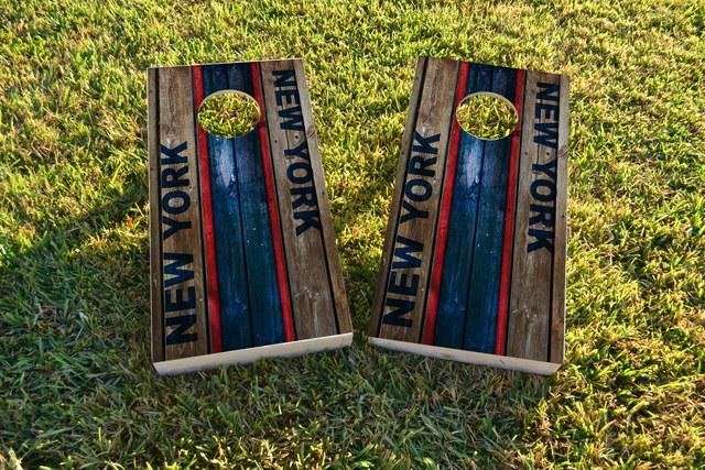 Woodslat Worn New York 1 Football Themed Custom Cornhole Board Design