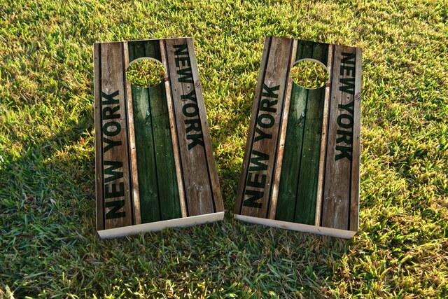 Woodslat Worn New York 2 Football Themed Custom Cornhole Board Design