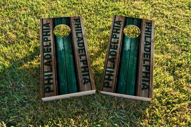 Woodslat Worn Philadelphia Football Themed Custom Cornhole Board Design