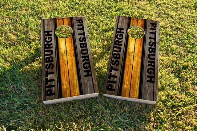 Woodslat Worn Pittsburgh Football Themed Custom Cornhole Board Design