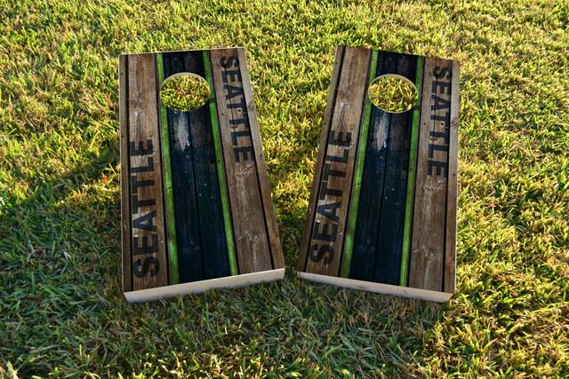 Woodslat Worn Seattle Football Themed Custom Cornhole Board Design