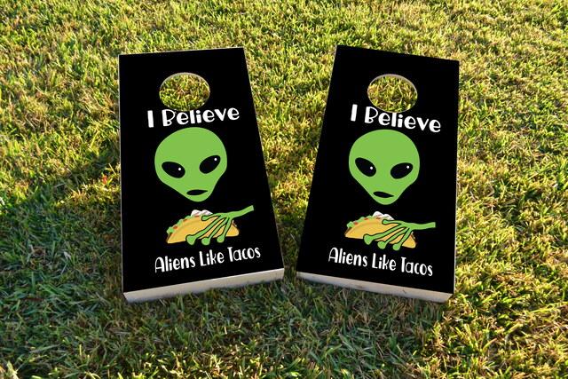 Aliens Like Tacos Themed Custom Cornhole Board Design