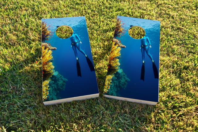 Girl Scuba Diving by Reef Themed Custom Cornhole Board Design