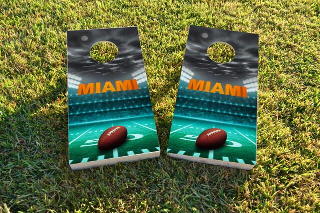 Miami Football Themed Custom Cornhole Board Design