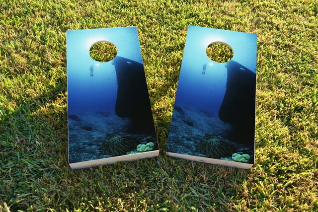 Scuba Diving a Shipwreck Themed Custom Cornhole Board Design