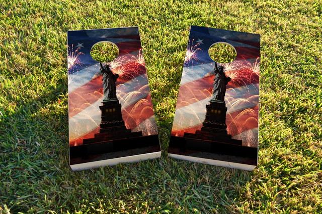 American Flag, Fireworks & Lady Liberty Themed Custom Cornhole Board Design
