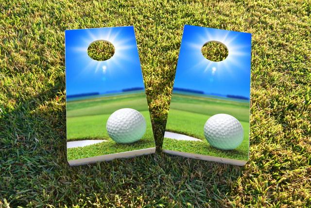 Golfing on a Sunny Day Themed Custom Cornhole Board Design