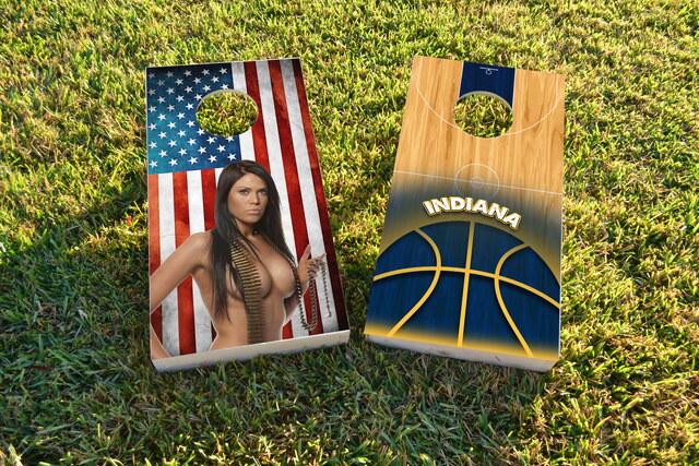 American Flag Girl Bullets Themed Custom Cornhole Board Design