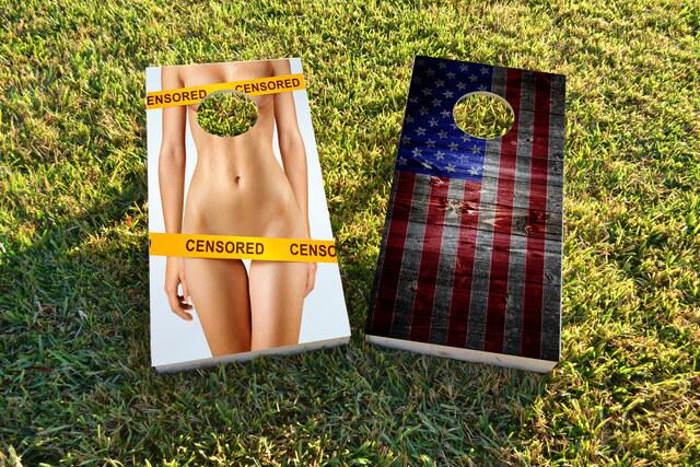 Censored Nude Woman Themed Custom Cornhole Board Design