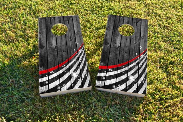 Red Line Firefighter Wood Themed Custom Cornhole Board Design