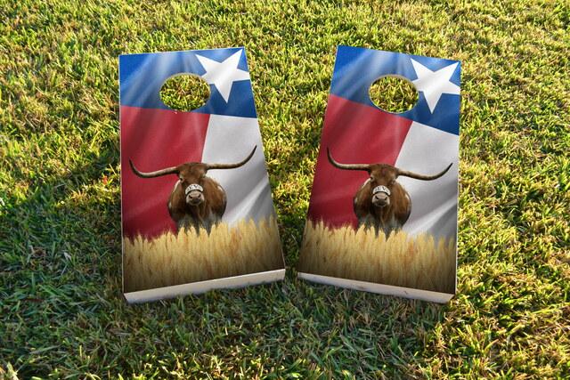 Texas Longhorn with Flag Themed Custom Cornhole Board Design