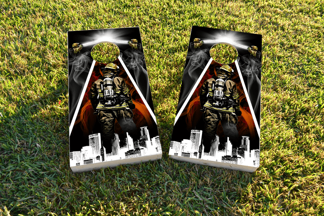 Firefighter City Scape Themed Custom Cornhole Board Design