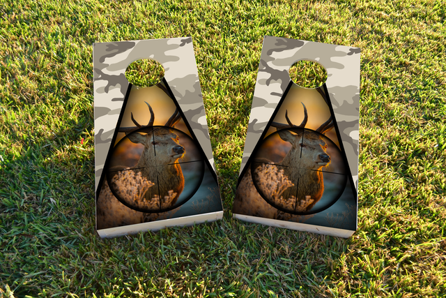 Camo Deer Hunter Themed Custom Cornhole Board Design