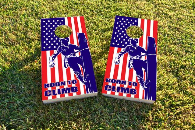 Lineman Lineworker American Flag Themed Custom Cornhole Board Design