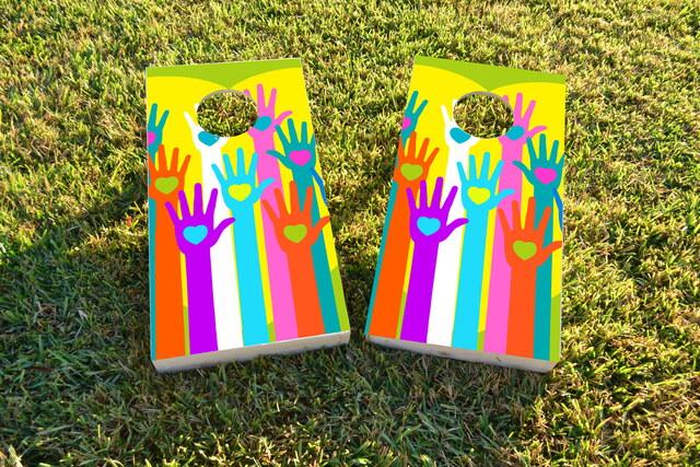Gay Pride Hands of Love Themed Custom Cornhole Board Design