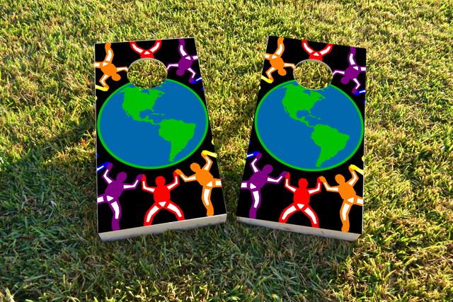 Gay Pride Rainbow People Around the Earth Themed Custom Cornhole Board Design