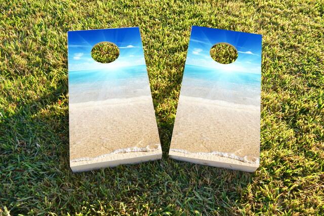 Sunny Day at the Beach Themed Custom Cornhole Board Design