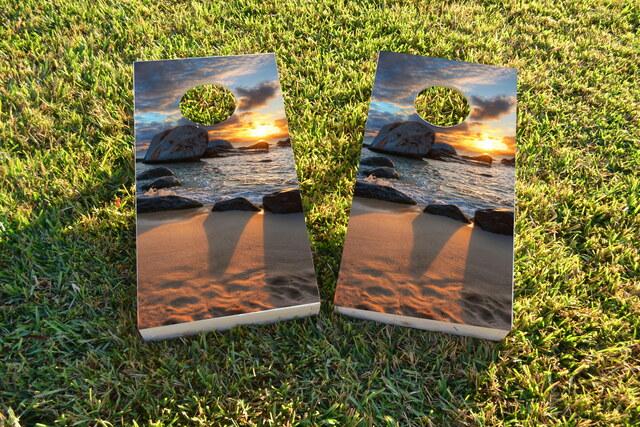 Sunset on the Beach Themed Custom Cornhole Board Design