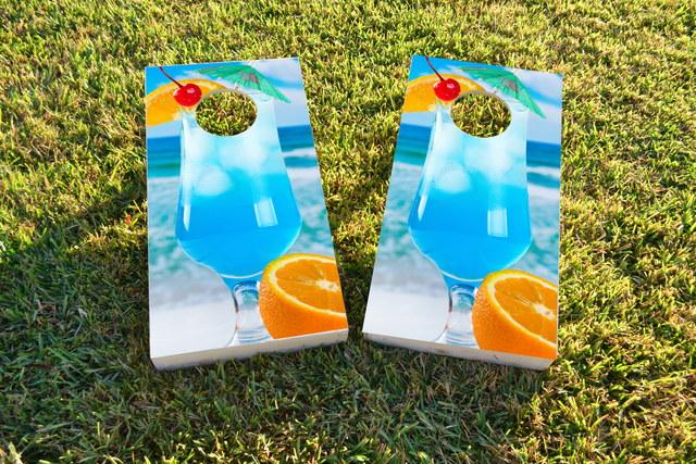 Blue Drink on the Beach Themed Custom Cornhole Board Design