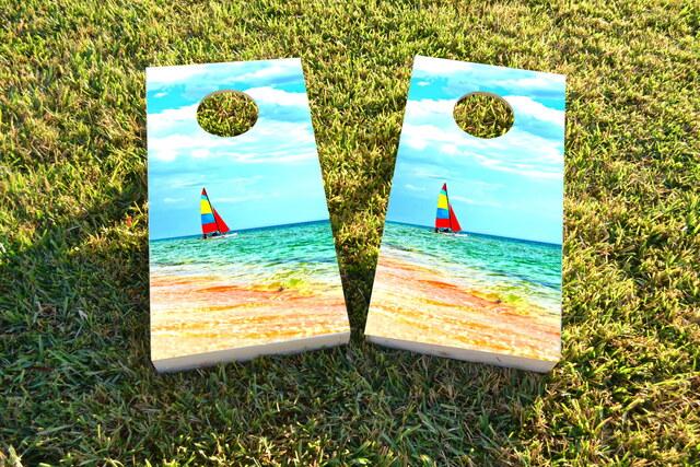 Boat Beach Themed Custom Cornhole Board Design