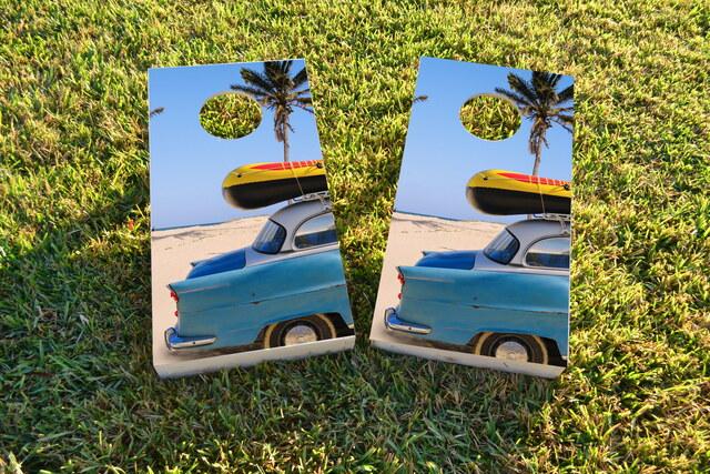 Beach Car Themed Custom Cornhole Board Design