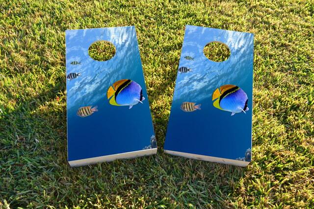 Blue Fish Themed Custom Cornhole Board Design