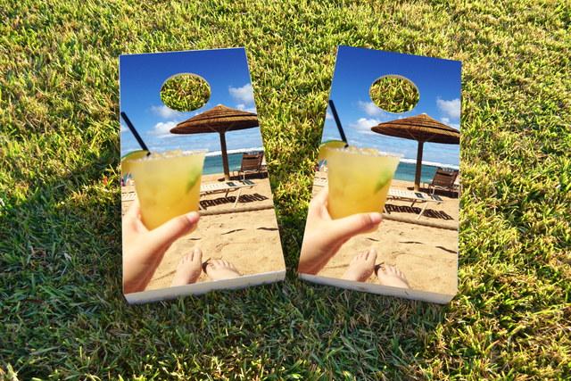 Magaritas on Beach Themed Custom Cornhole Board Design