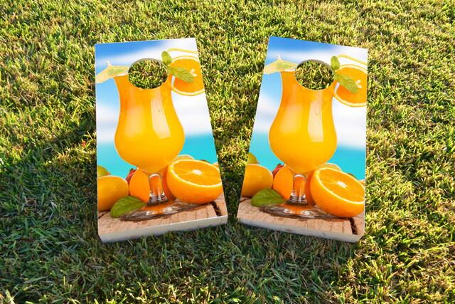 Orange Drink Themed Custom Cornhole Board Design