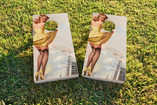 Yellow Pinup Girl Themed Custom Cornhole Board Design