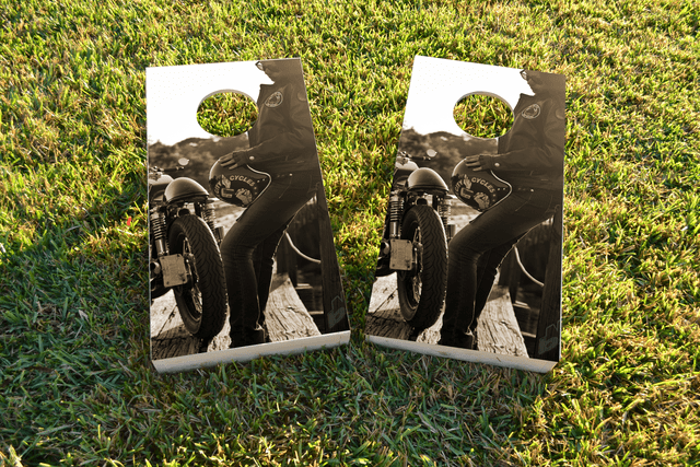 Biker Girl Themed Custom Cornhole Board Design