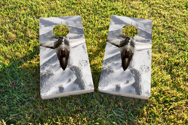 Camo Jet Themed Custom Cornhole Board Design