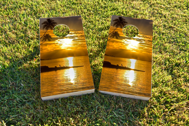 Sea Sunset Themed Custom Cornhole Board Design