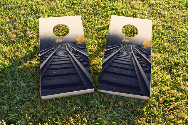 Train Tracks Themed Custom Cornhole Board Design