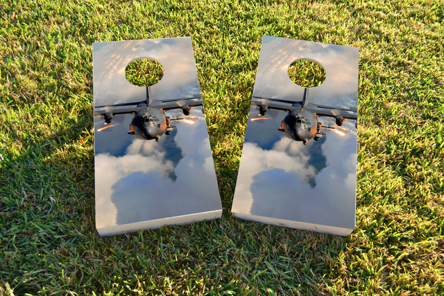 AC130 Flying Themed Custom Cornhole Board Design