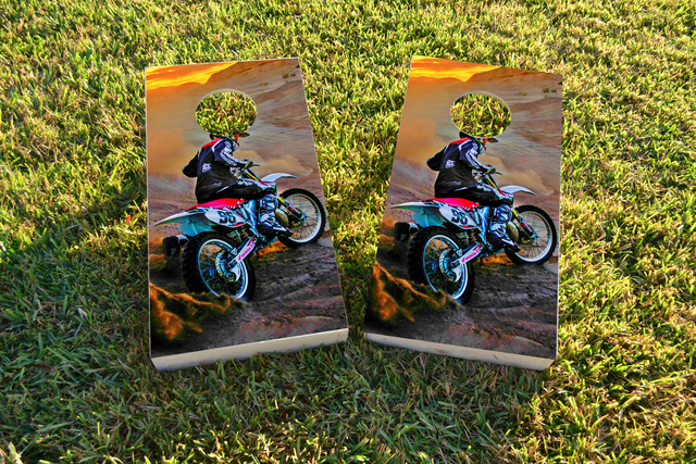 Riding Dirtbikes Themed Custom Cornhole Board Design