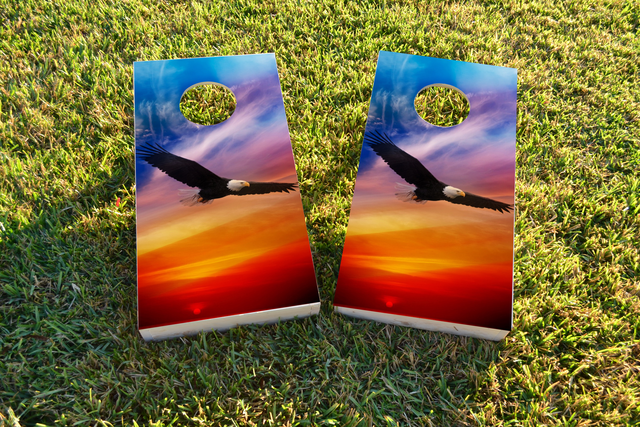 Flying Eagle in Sunset Themed Custom Cornhole Board Design
