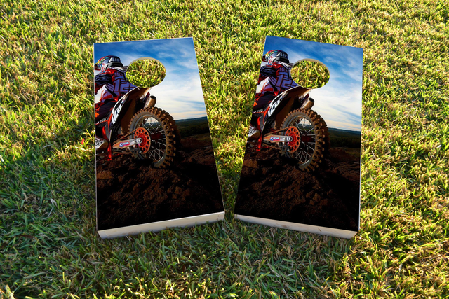 Moto Riding in Mud Themed Custom Cornhole Board Design