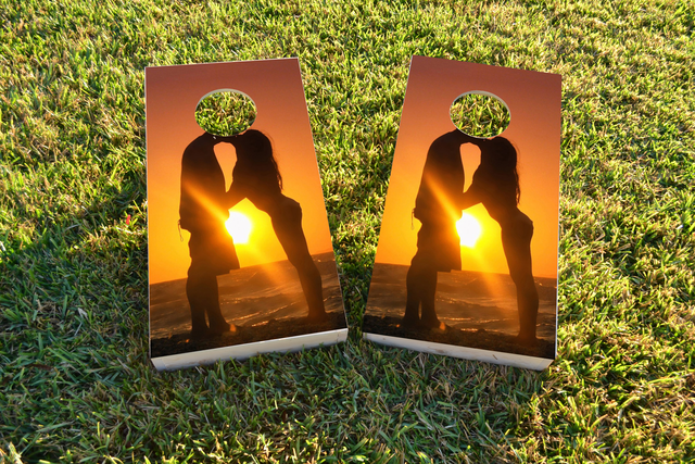 Romantic Sunset by the Sea Themed Custom Cornhole Board Design