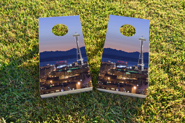 Seattle's Space Needle Themed Custom Cornhole Board Design