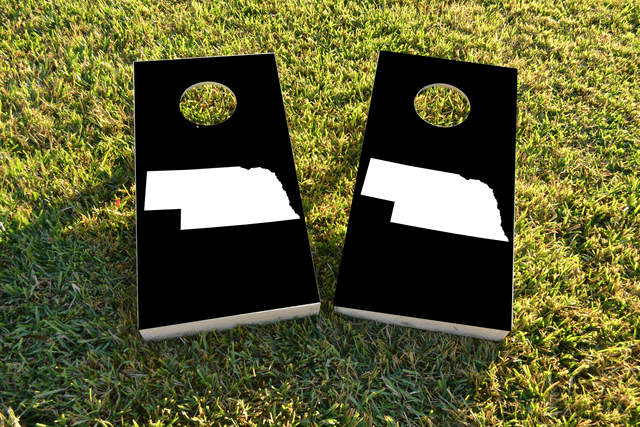 Black Nebraska Themed Custom Cornhole Board Design