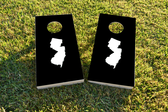 Black New Jersey Themed Custom Cornhole Board Design