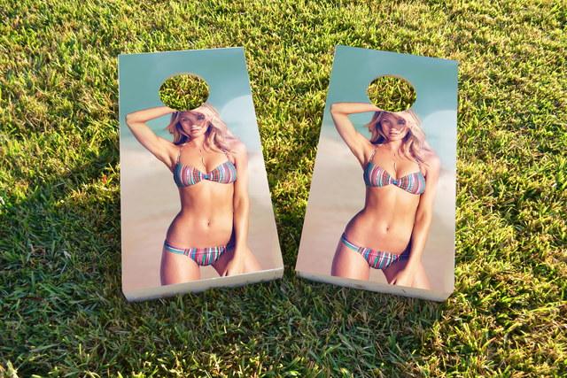 Beach Bikini Model Themed Custom Cornhole Board Design