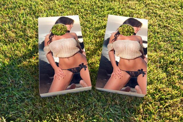 Beach Model in Sweater Themed Custom Cornhole Board Design