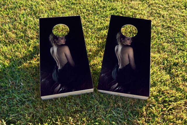 Sexy Model in Dress Themed Custom Cornhole Board Design