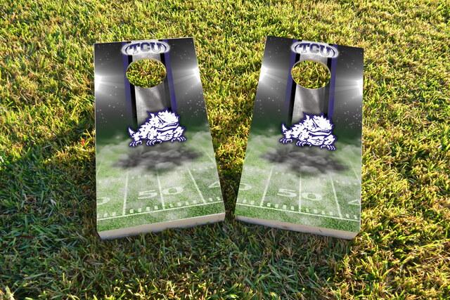 NCAA Field (TCU Horned Frogs) Themed Custom Cornhole Board Design