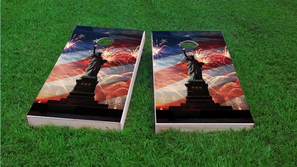 Statue of Liberty America Fireworks Cornhole Bean Bag Toss 3M Vinyl Wrap Set 