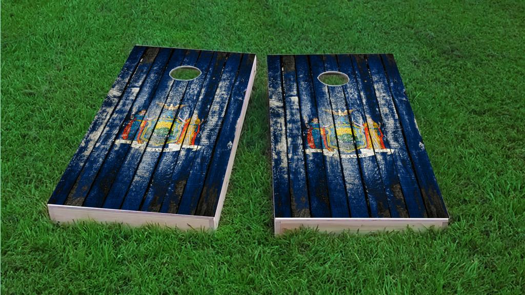 Distressed Wood Flag (New York) Themed Custom Cornhole Board Design